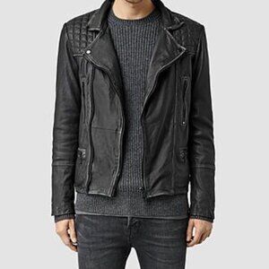 All Saints Cargo Distressed Leather Biker Jacket Black Moto Motorcycle--Men M